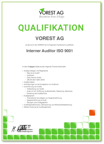 Qualitätsmanagement Weiterbildung online Qualifikationsbescheinigung der VOREST AG Deutsch