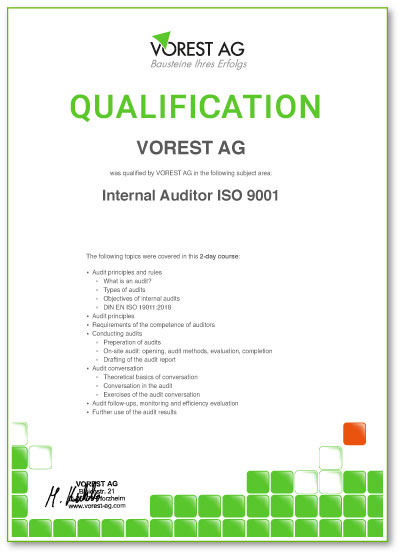 Qualitätsmanagement Weiterbildung online Qualifikationsbescheinigung der VOREST AG Englisch